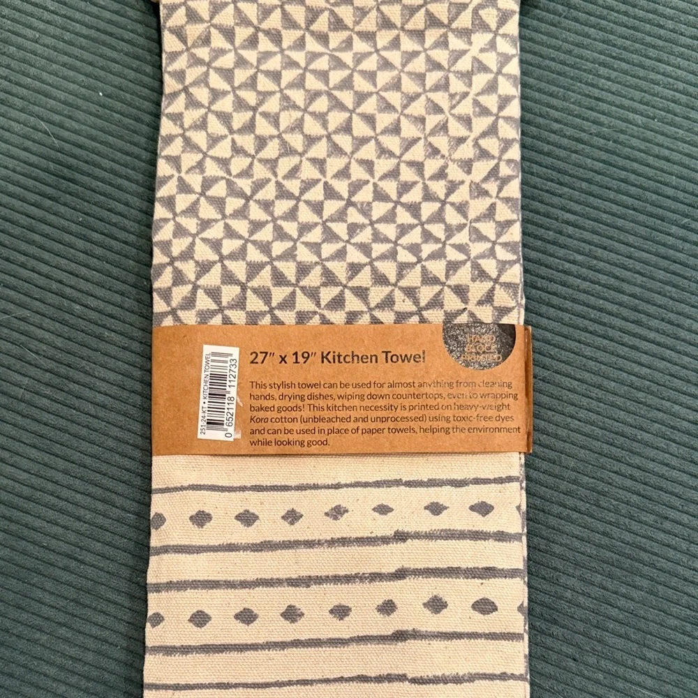 Sustainable Threads Block Hand Printed Feast Kitchen Towel Slate grey new tags